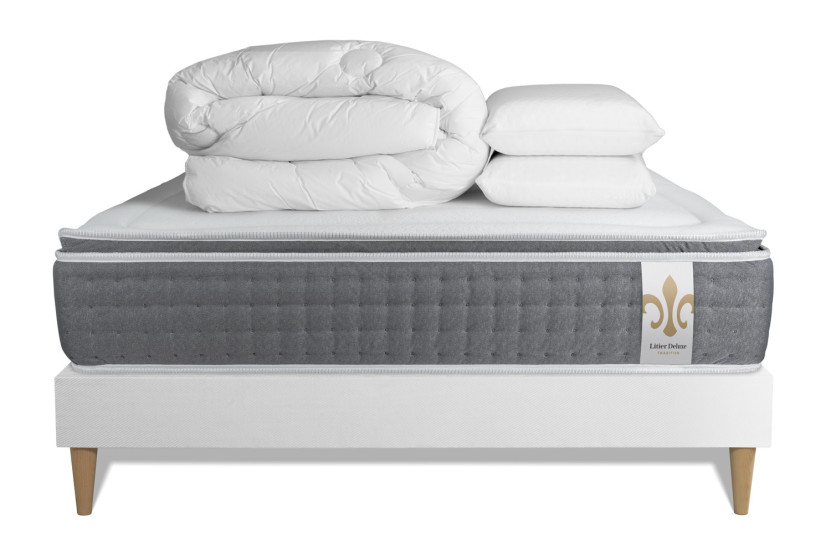 Pack lit complet 140x190 cm - Matelas + Sommier Blanc (en kit) + 2 oreillers + Couette - Vingt-Six PLUS