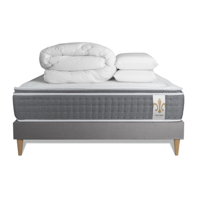Pack lit complet 140x190 cm - Matelas + Sommier Gris + 2 oreillers + Couette - Vingt-Six PLUS
