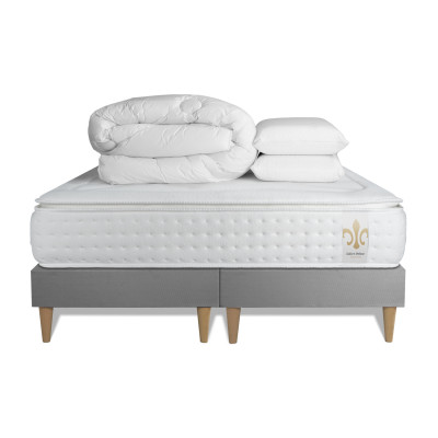 Pack lit complet 200x200 cm - Matelas + 2 Sommiers Gris + 2 oreillers + Couette - Vingt-Quatre PLUS