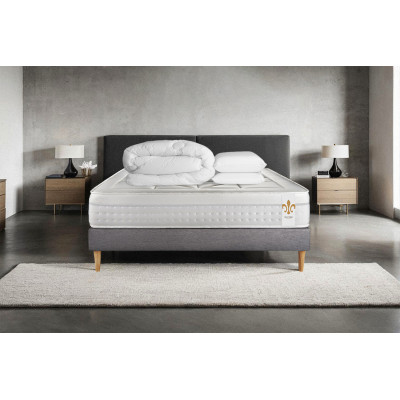 Pack lit complet 160x200 cm - Matelas + Sommier Gris + 2 oreillers + Couette - Vingt-Huit