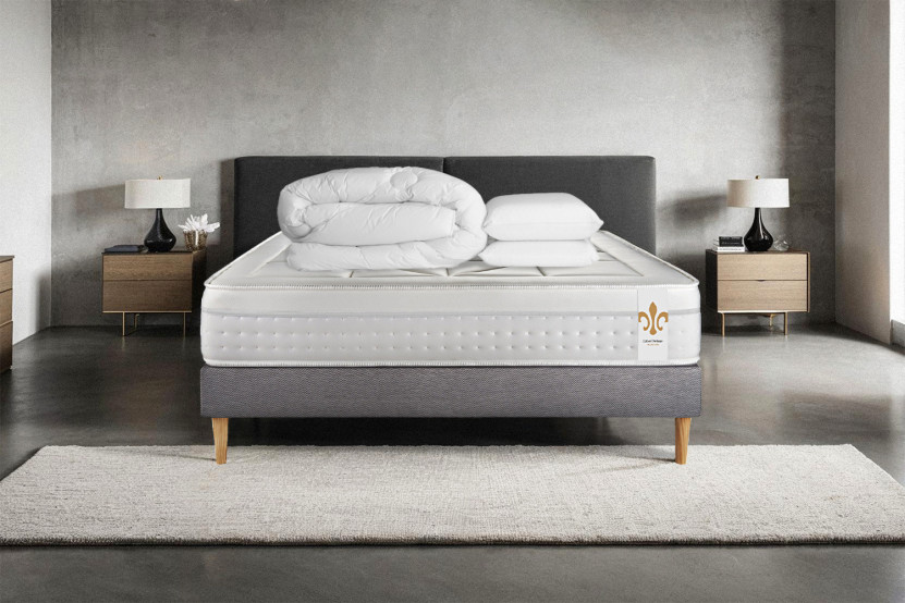 Pack lit complet 160x200 cm - Matelas + Sommier Gris + 2 oreillers + Couette - Vingt-Huit