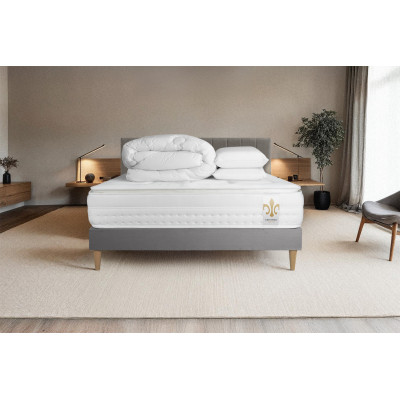 Pack lit complet 140x190 cm - Matelas + Sommier Gris + 2 oreillers + Couette - Vingt-Huit PLUS