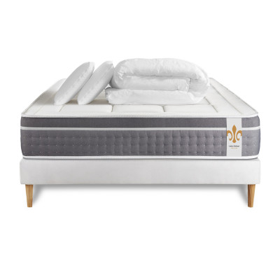 Pack lit complet 140x200 cm - Matelas + Sommier Blanc + 2 oreillers + Couette - Trente