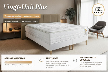 Pack lit complet 200x200 cm - Matelas + 2 Sommiers Gris + 2 oreillers + Couette - Vingt-Huit PLUS