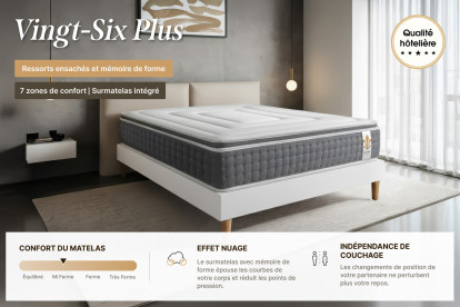 Pack lit complet 140x190 cm - Matelas + Sommier Gris (en kit) + 2 oreillers + Couette - Vingt-Six PLUS