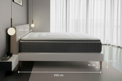 Pack lit complet 200x200 cm - Matelas + Sommier Gris (en kit) + 2 oreillers + Couette - Vingt-Six PLUS